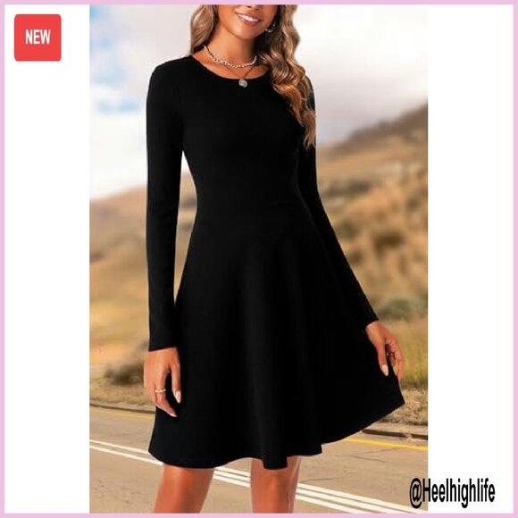 Long Sleeve Ribbed Knit A-Line Dress Elastic Waist Casual Winter - Picture 4 of 7